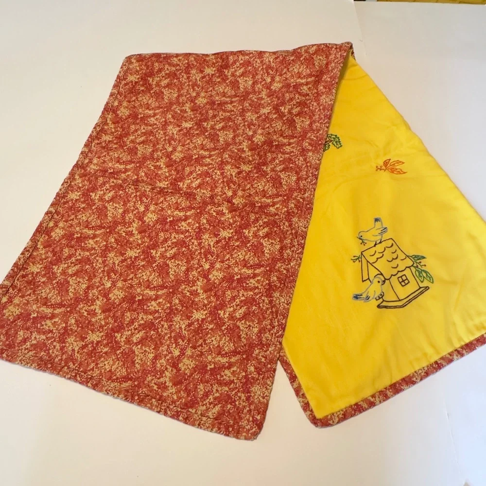 Vintage Style Yellow Birdhouse Embroidered Table Runner Reversible Red 48x15